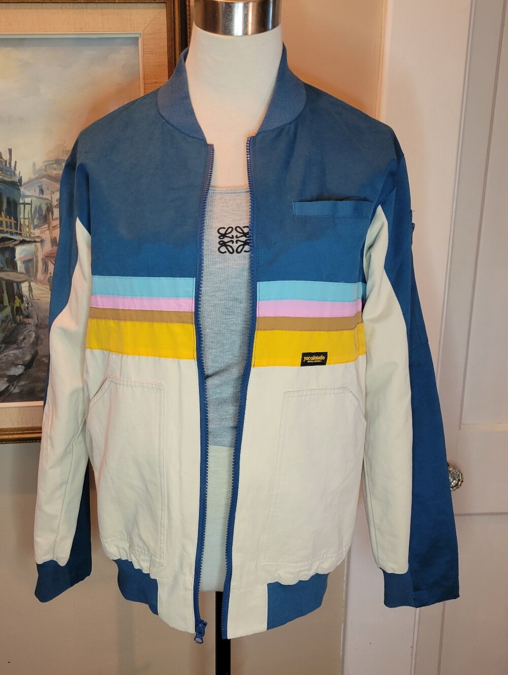 Yo Colorado Supply Company Colorblock Bomber Jacket in Blue, Cream & Yellow L